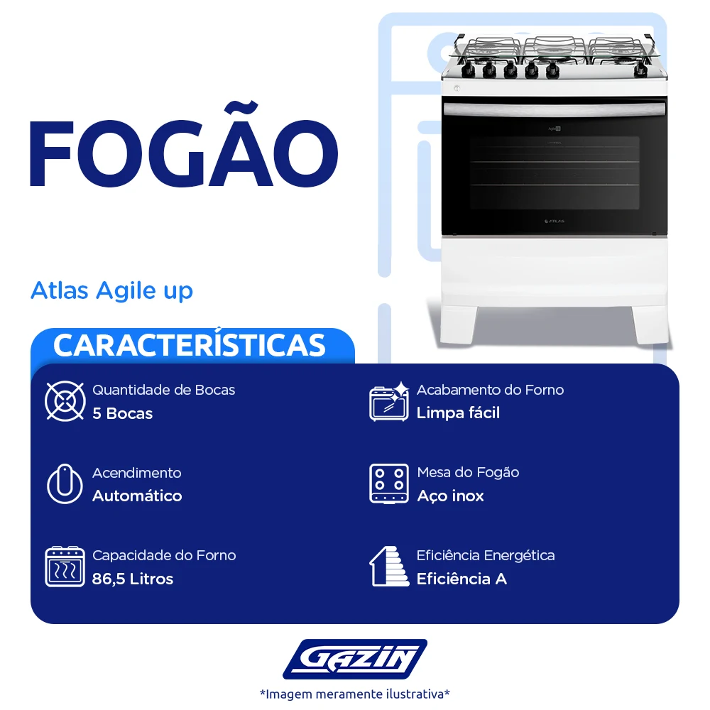 Fogão Atlas Agile Up 5 Bocas Automático Mesa de Inox Tripla Chama Forno 86,5L