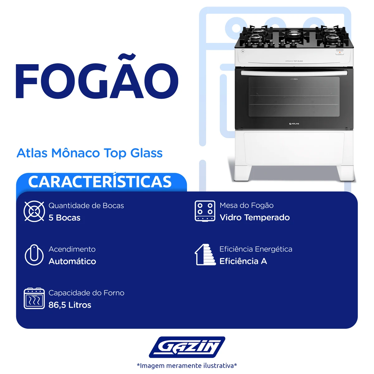 Fogão Atlas 5 Bocas Mônaco Top Glass Automático Mesa Vidro Forno 86,5L