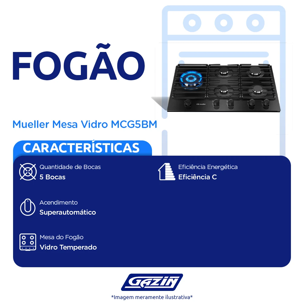 Cooktop a Gás Mueller Mesa de Vidro 5 Bocas MCG5BM
