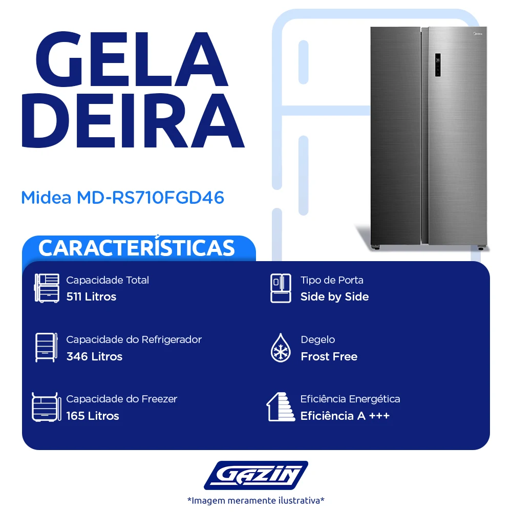 Geladeira Midea 511L Frost Free Side By Side MD-RS710FGD46