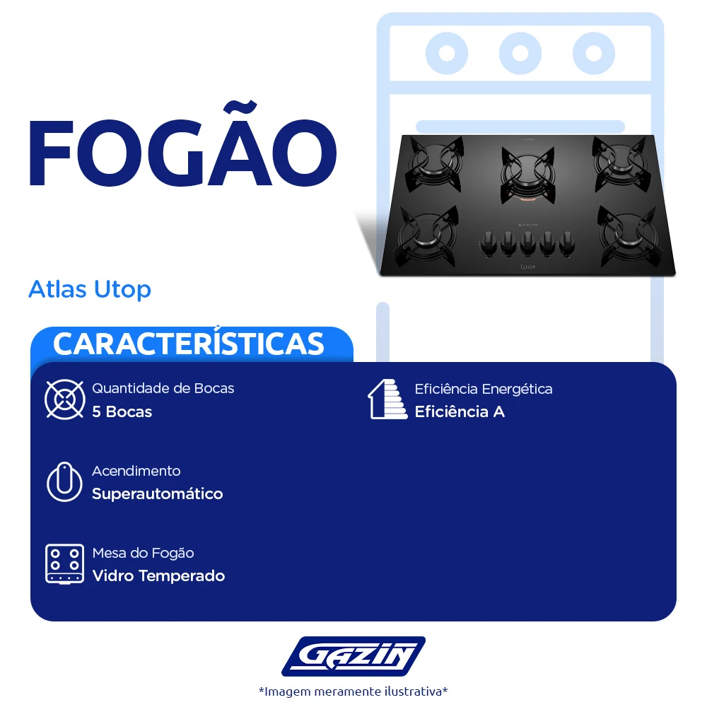 Cooktop Atlas Utop 5 Bocas Superautomático Mesa de Vidro Mega Chama