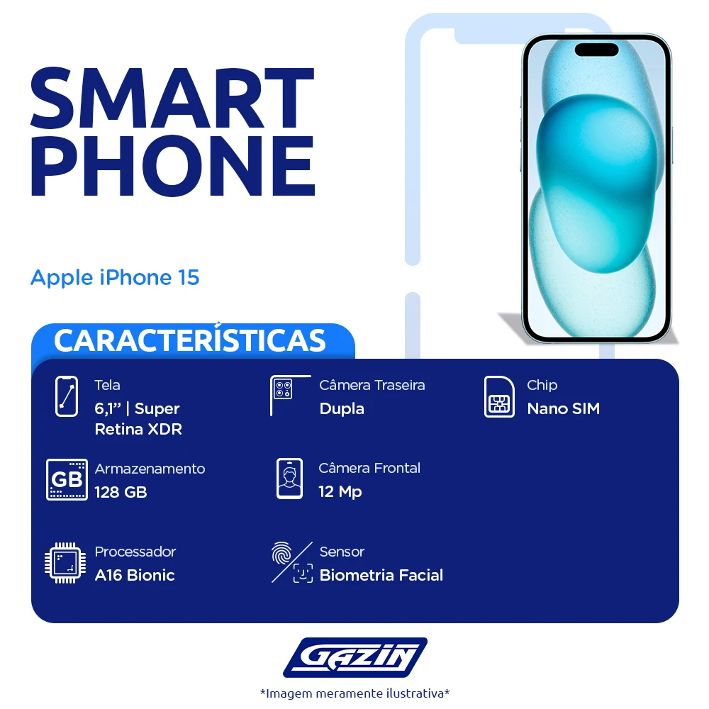 iPhone 15 Apple 6.1" iOS 17 128GB Câmera Dupla e Detector de Acidentes