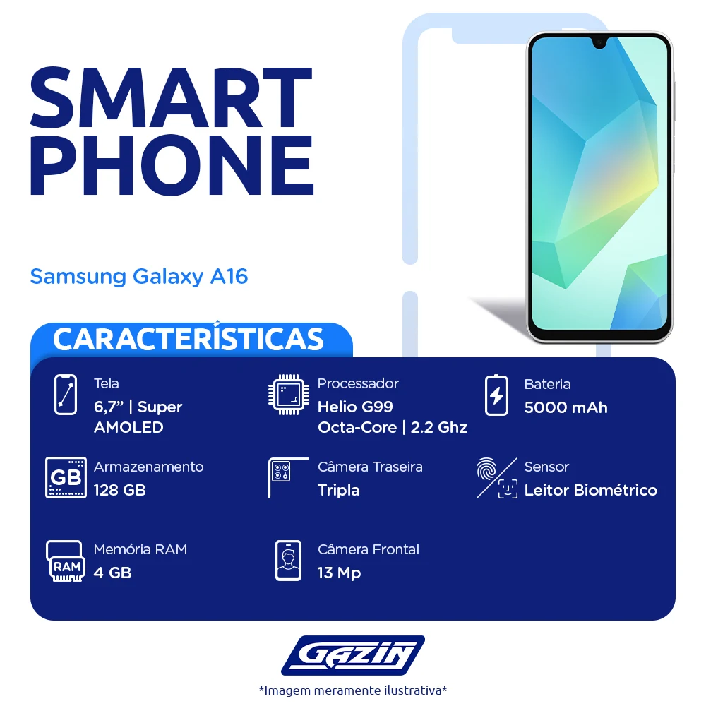 Smartphone Samsung Galaxy A16 4G 6.7" 128GB 4GB Câmera Tripla