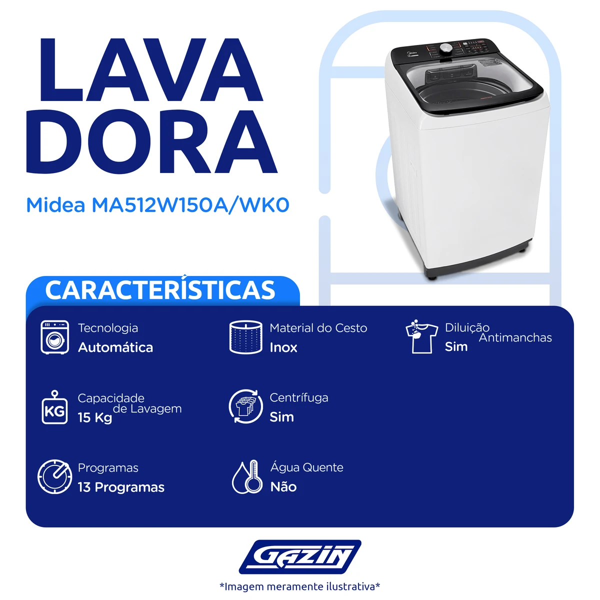 Máquina de Lavar Midea Wave 15kg Automática MA512W150A/WK0
