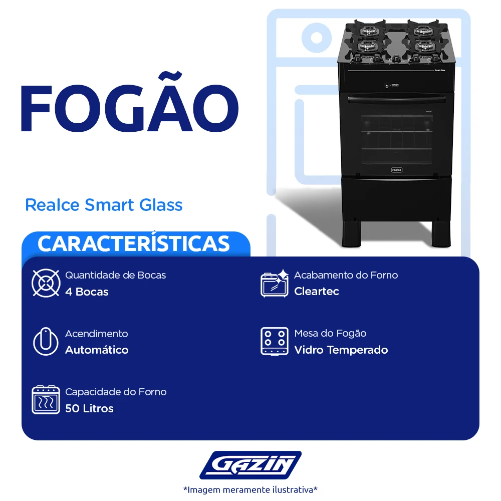 Fogão Realce Smart Glass 4 Bocas Automático Mesa de Vidro 50L