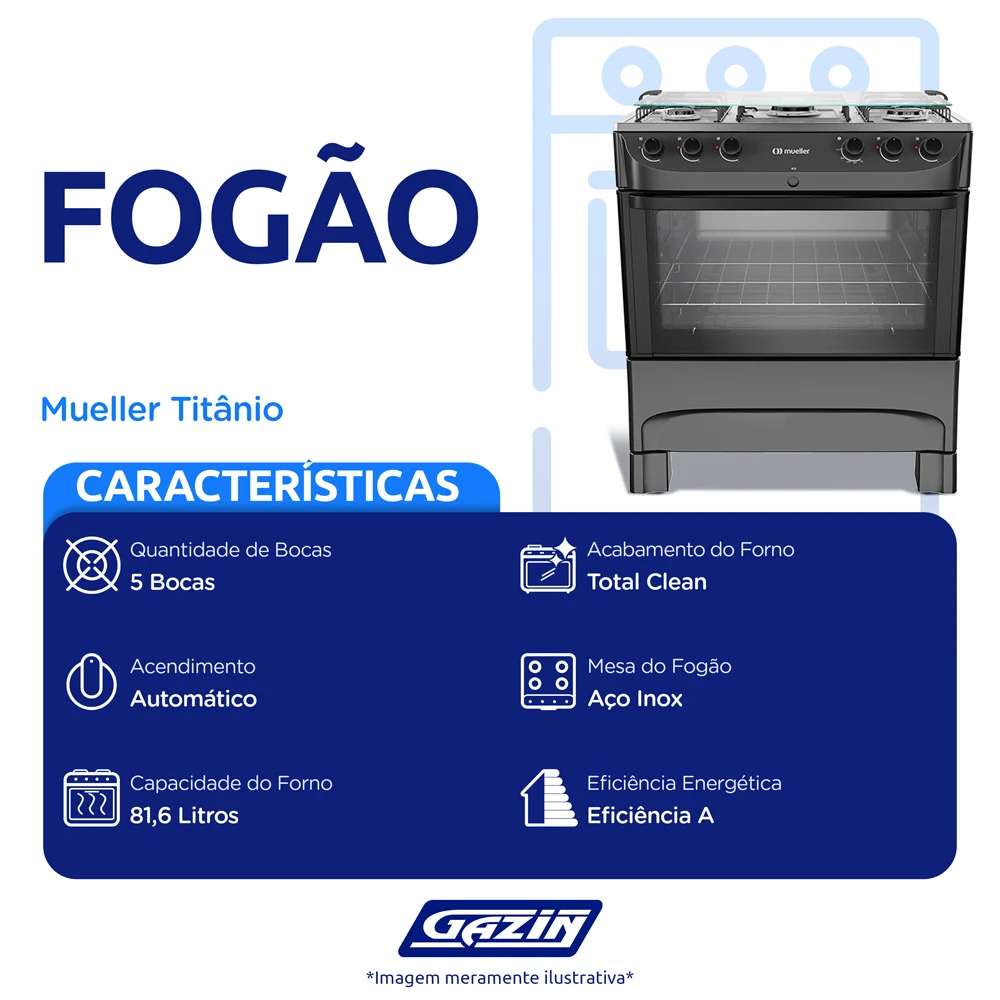 Fogão Mueller 5 Bocas MFI5BB Automático Mesa de Inox Forno 81,6L