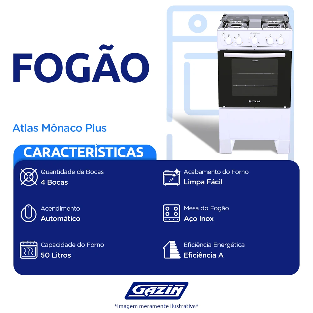 Fogão Atlas 4 Bocas Mônaco Plus Automático Mesa de Inox Forno 50L