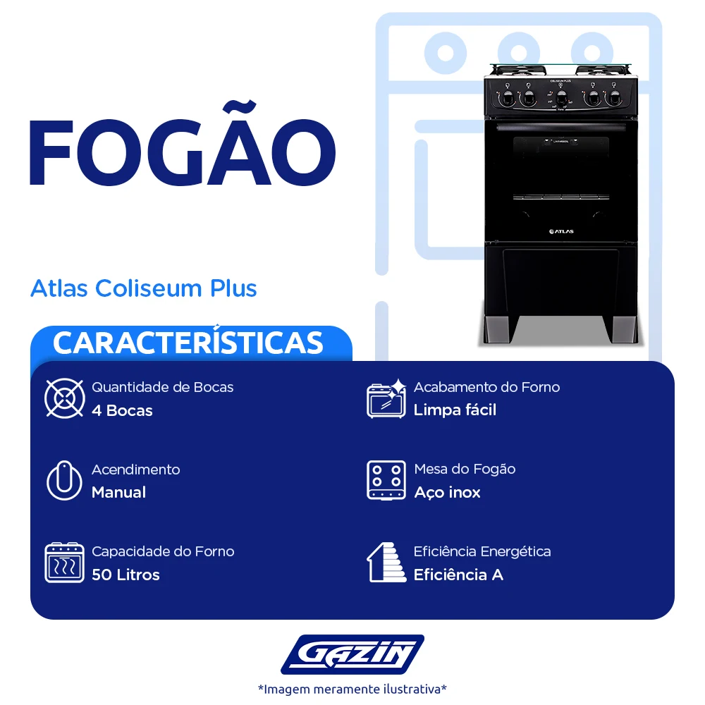 Fogão Atlas Coliseum Plus 4 Bocas Acendimento Manual Mesa de Inox Forno 50L