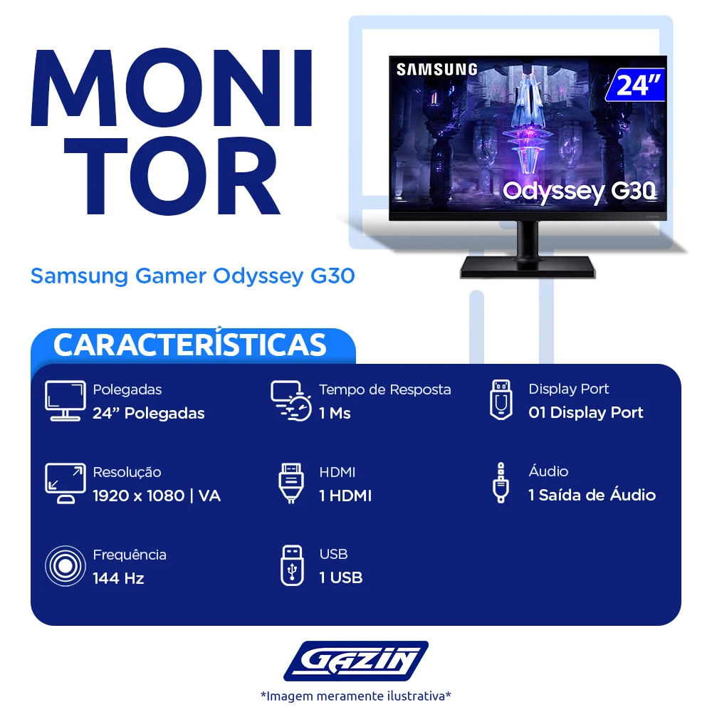 Monitor Gamer Samsung Odyssey G30 VA 24" Wide Full HD HDMI LS24BG300ELMZD