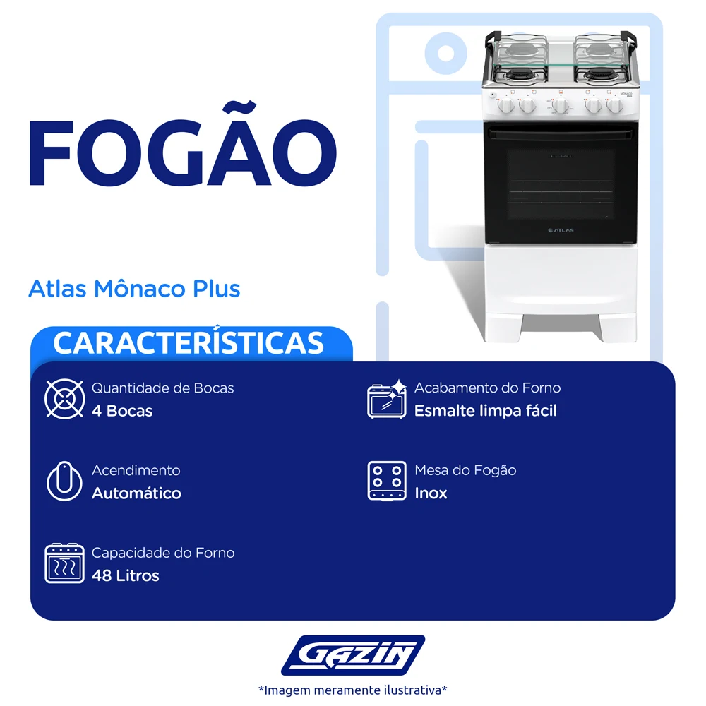 Fogão Atlas Mônaco Plus 4 Bocas Automático Mesa de Inox Forno