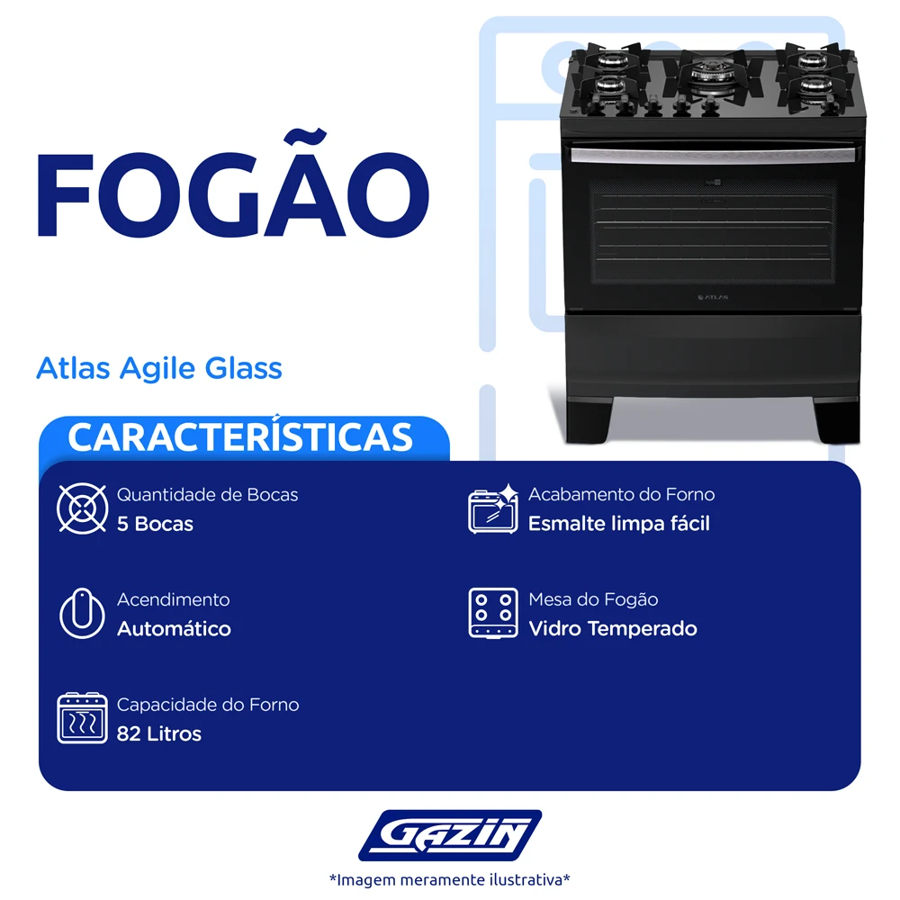Fogão Atlas Agile Glass 5 bocas Automático Mesa de Vidro Tripla Chama