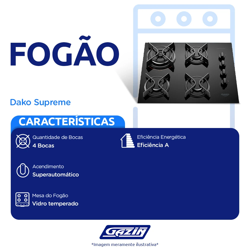 Cooktop a Gás Dako Supreme 4 Bocas Mesa em Vidro Trempes em Ferro Fundido
